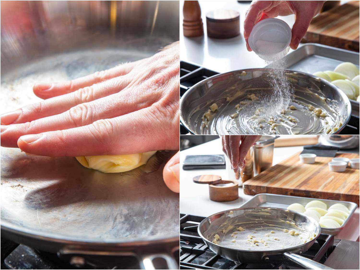 拼贴照片显示准备煎锅洋葱楔涂抹黄油，撒上糖和盐。gydF4y2Ba