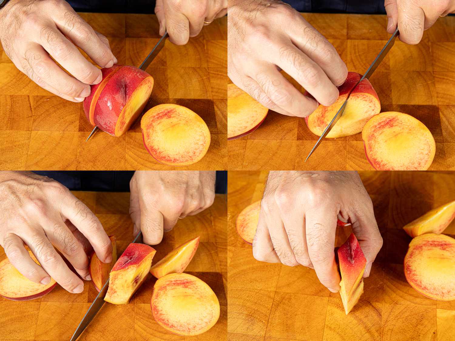 Four image collage of cutting peach via the diamond way