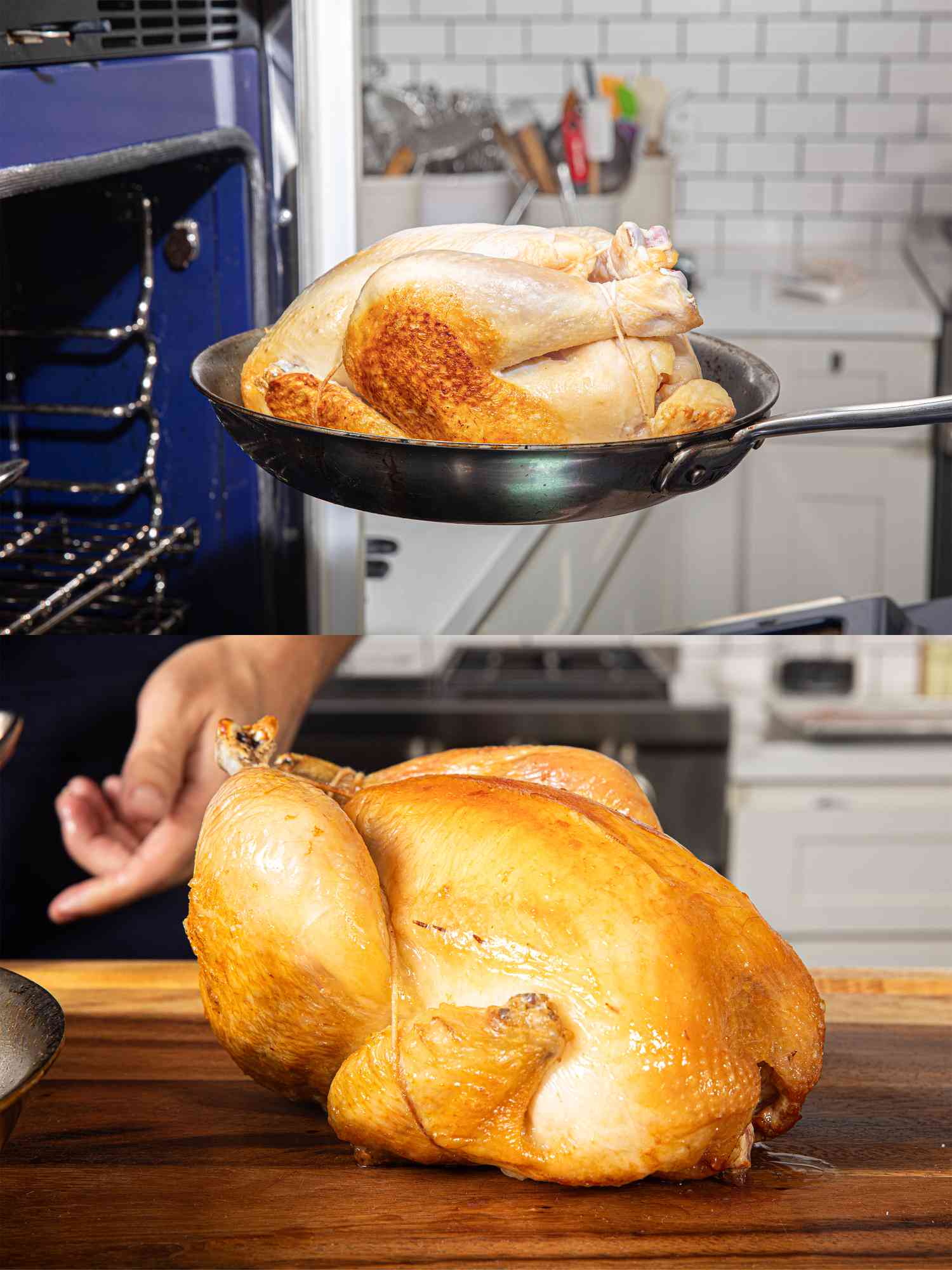Two image collage of putting a chicken into the oven and it on a cutting board after being roasted