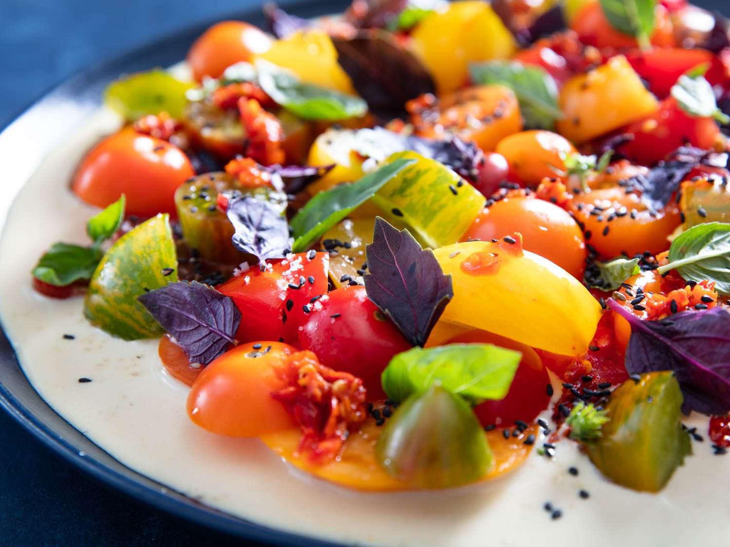 蕃茄沙拉的近景侧面与汤茄酱，绿色和紫色罗勒，卡拉布里亚辣椒，和黑芝麻种子。