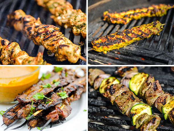 A four-image collage showing multiple types of kebabs.
