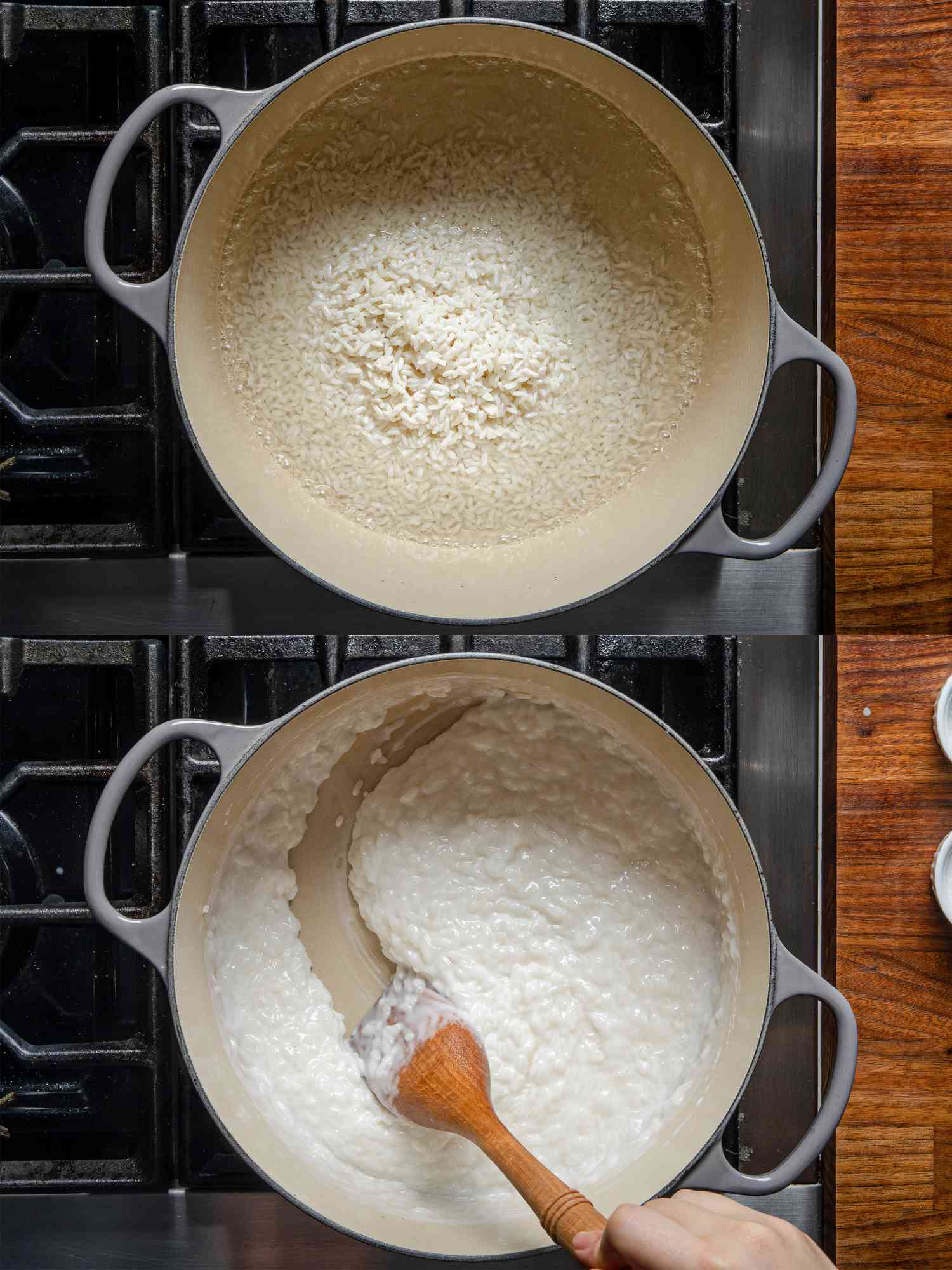 两个图片拼贴的米饭和椰奶在荷兰烤箱，拖着一个木勺通过锅米饭布丁一样的质地