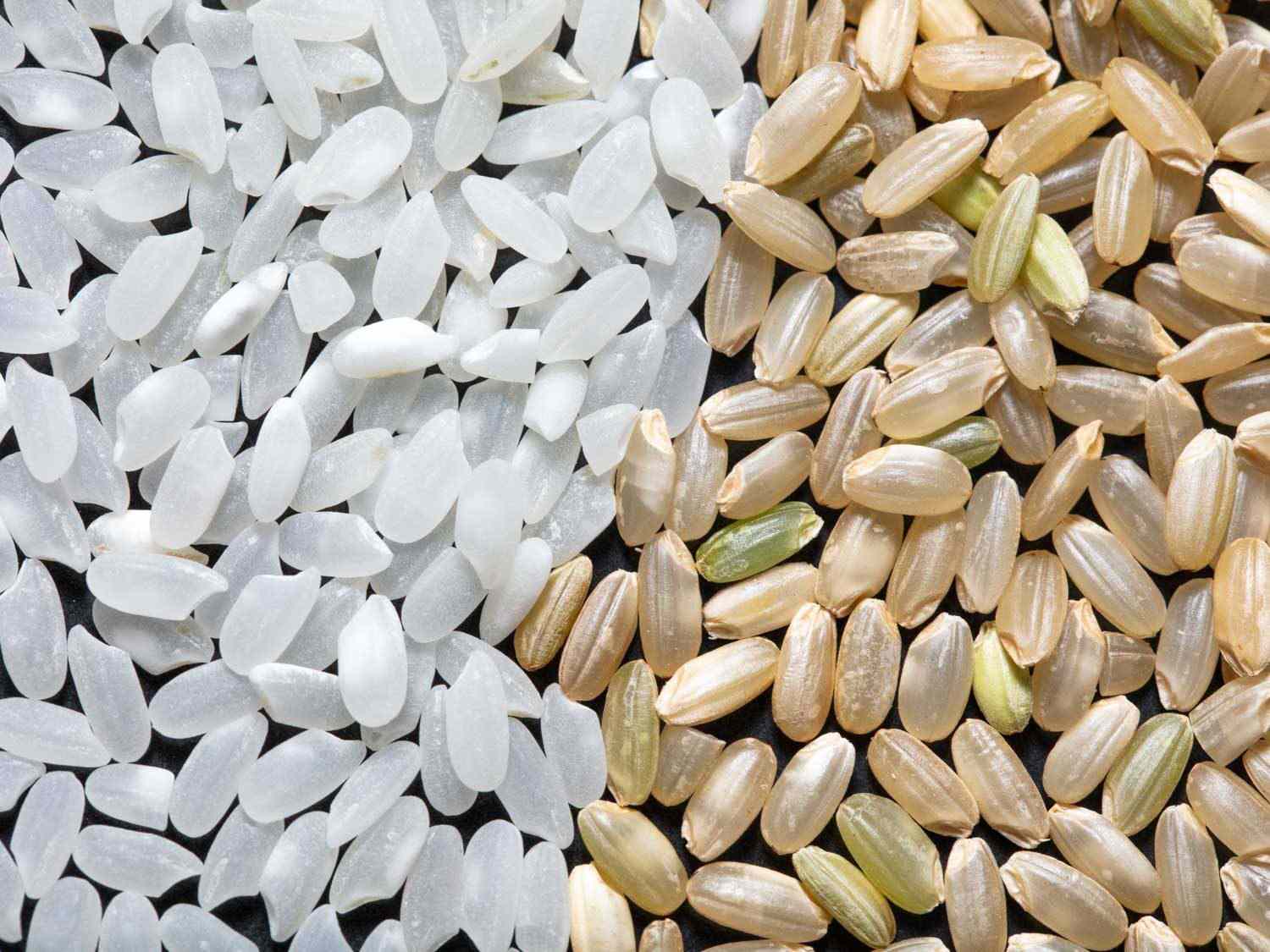 A macro view of short- to medium-grained white and brown rice