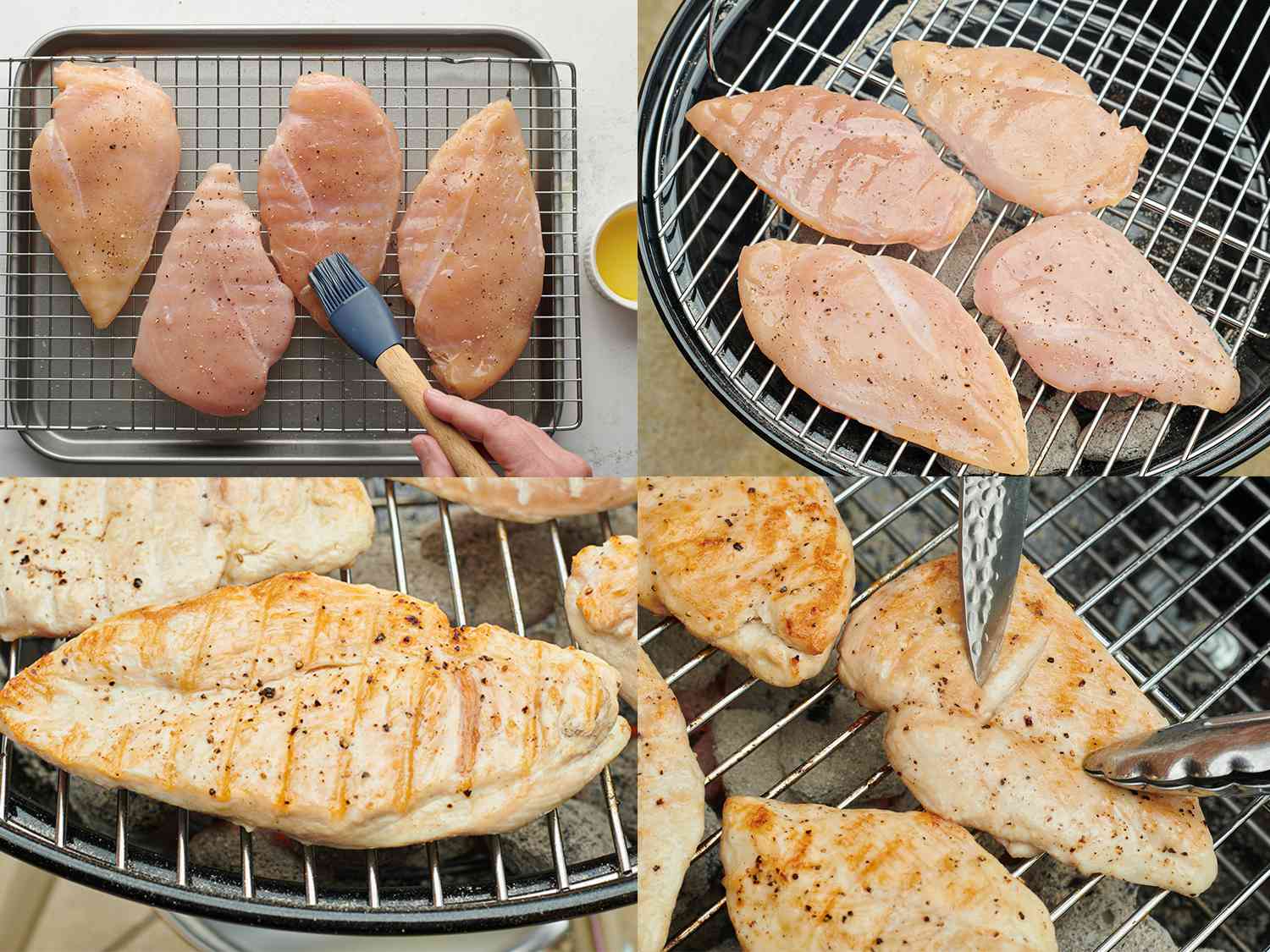 四幅图片的拼贴画。左上角的图片显示了用硅刷抹油的干卤水去骨去皮鸡胸肉。右上方的图片显示油鸡胸放在水壶烧烤。左下角的图片显示了烤架上已经烤熟的鸡胸肉。右下角的图片显示，其中一个鸡胸肉正被一把钳子拉开，表明内部已经完全熟了。gydF4y2Ba