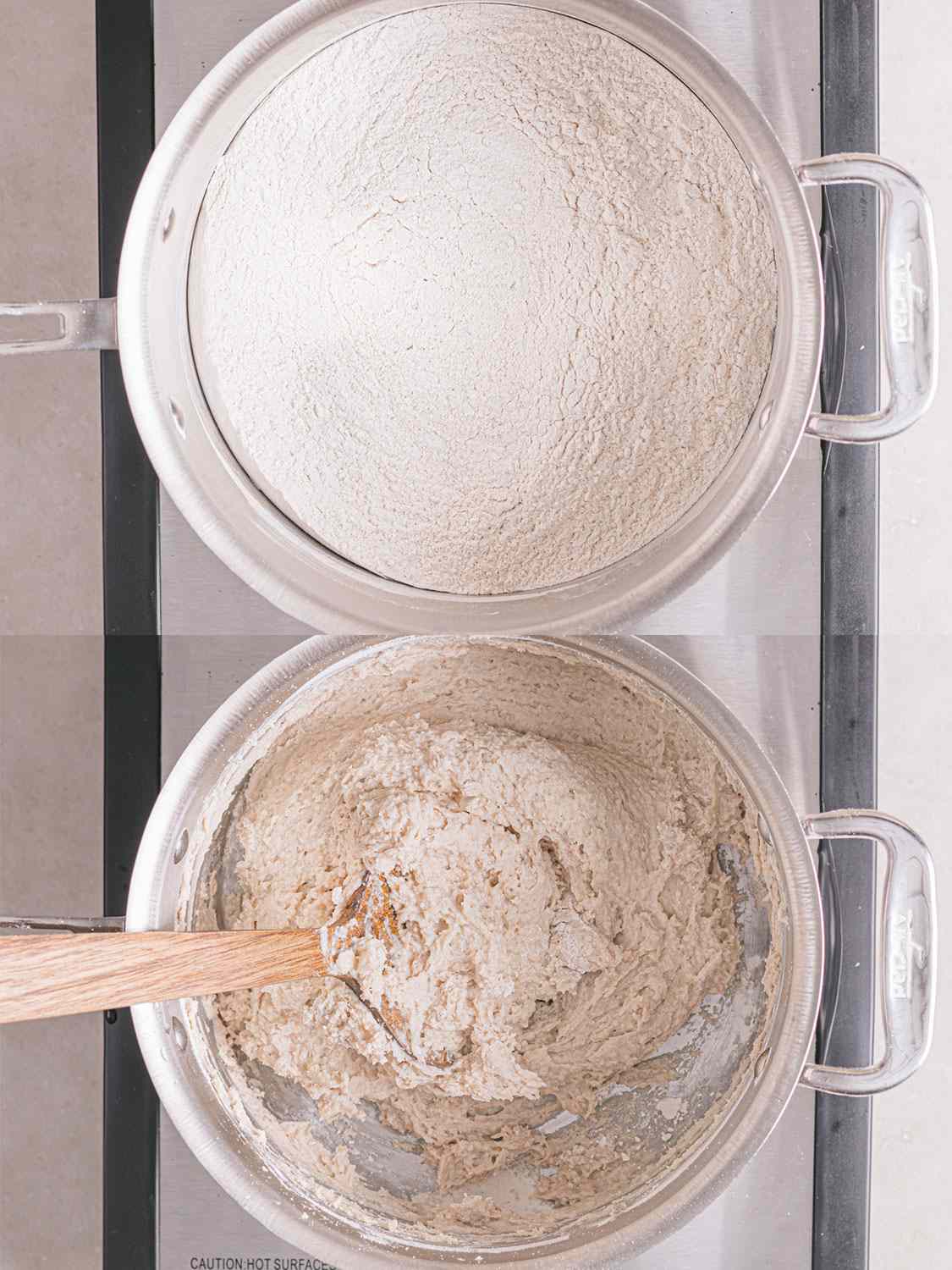 两个图像拼贴面粉和面团形成在一个平底锅