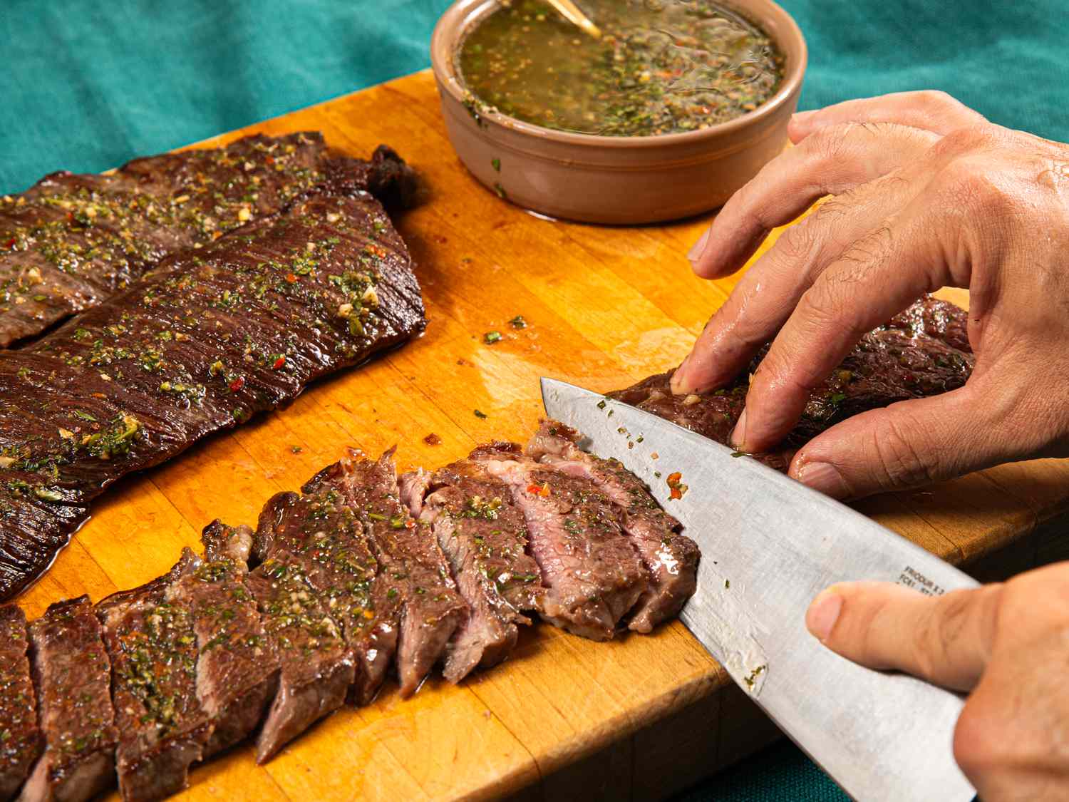 Side view of cutting steak