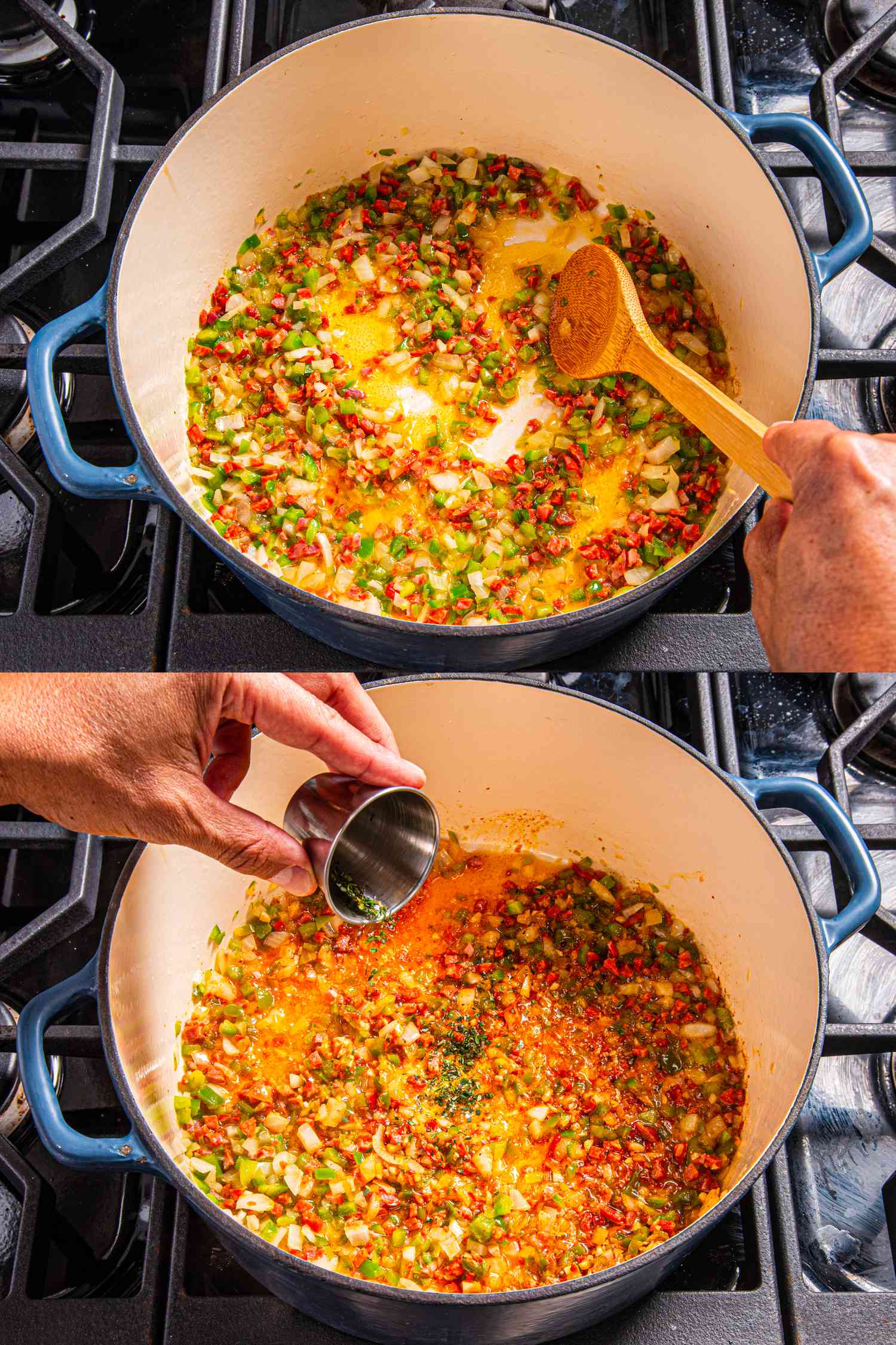 Two image collage of cooking vegetable and chorizo and adding seasoning to it