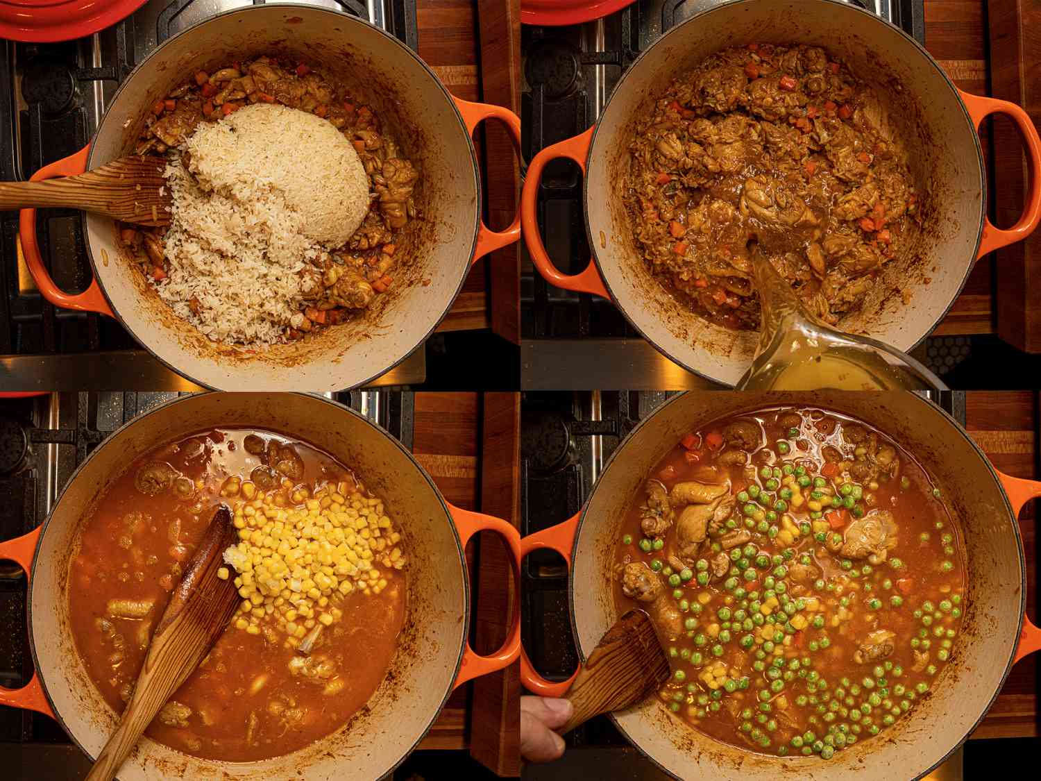 四个图像拼贴的俯视图添加大米，高汤，玉米，豌豆到锅