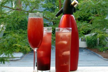 Berry shrub with homemade seltzer served in a fluted glass, over ice in tall glass with and without dark rum