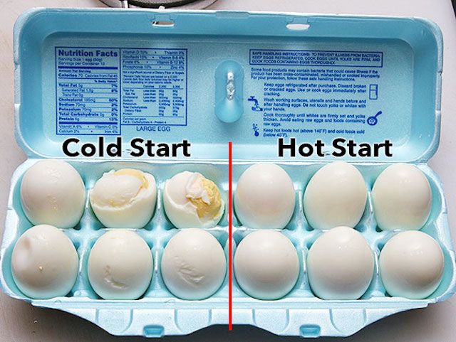Comparison shot of hard boiled eggs in carton, divided by cooking method