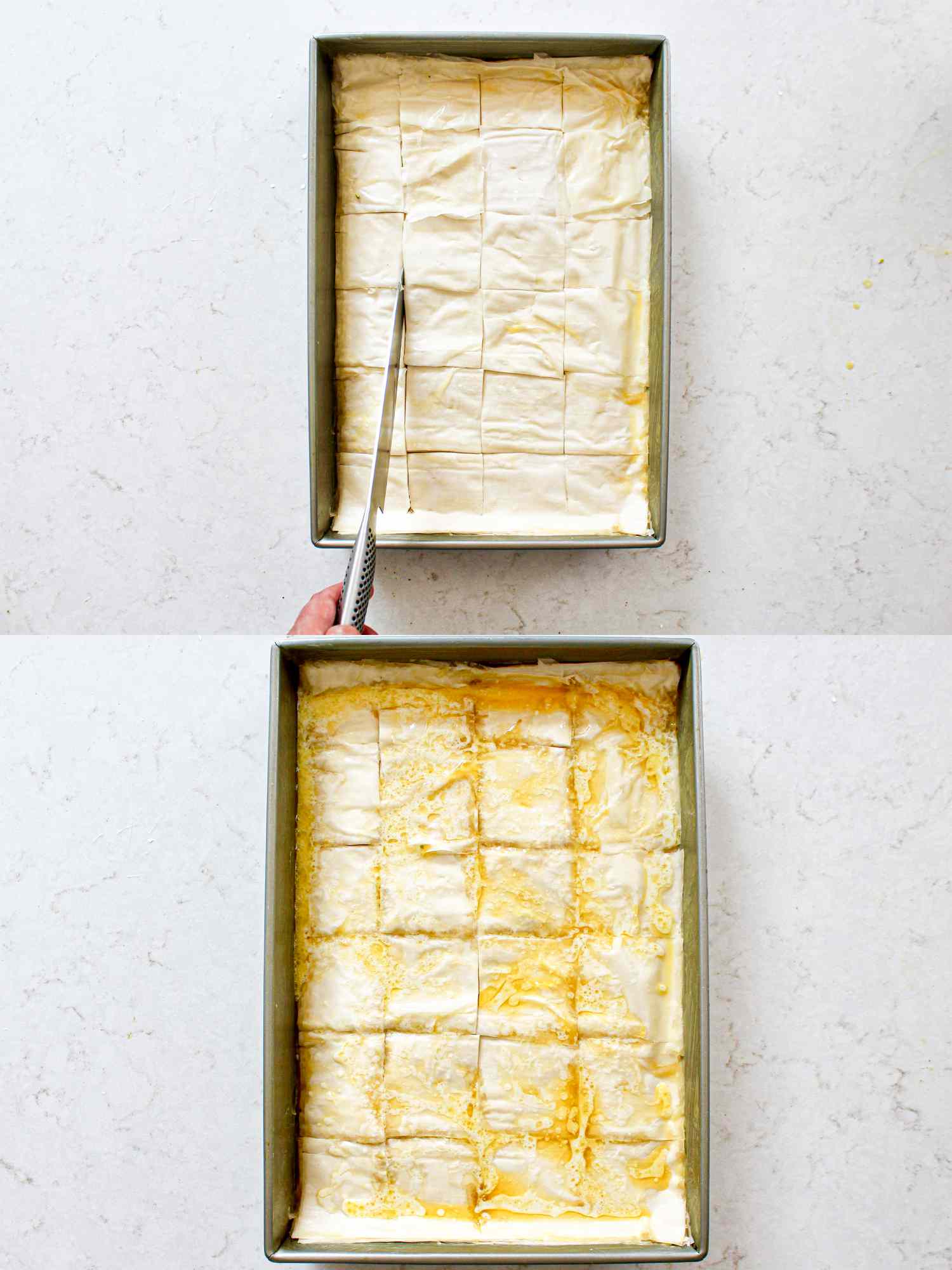 Two image collage of cutting baklava and pouring remaining butter on it