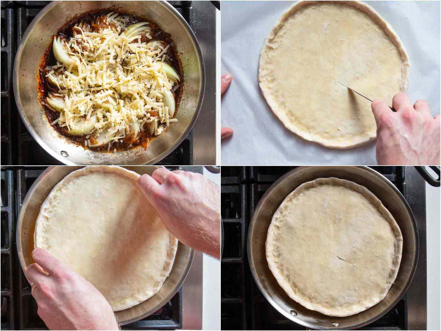 照片拼贴:在煎锅里的洋葱上撒上奶酪，在把煎锅放进烤箱之前在上面撒上圆形的派面团。gydF4y2Ba
