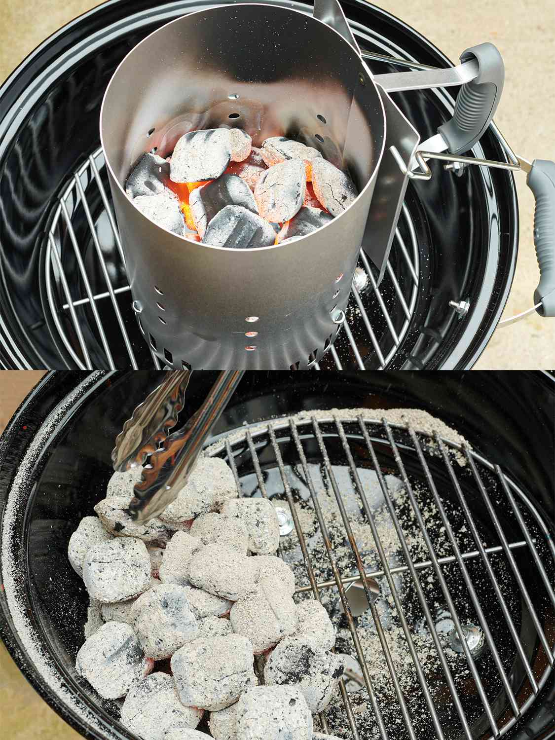 两幅图像的拼贴画。上面的图片显示了一个烧烤烟囱一半充满了发光，灰烬覆盖的木炭，里面是一个黑色的水壶烧烤。底部的图像显示煤炭蔓延一半的较低的烧烤格栅。gydF4y2Ba