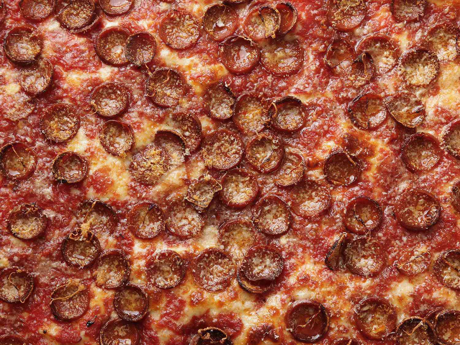 Close-up of pepperoni on top of Sicilian-style pizza