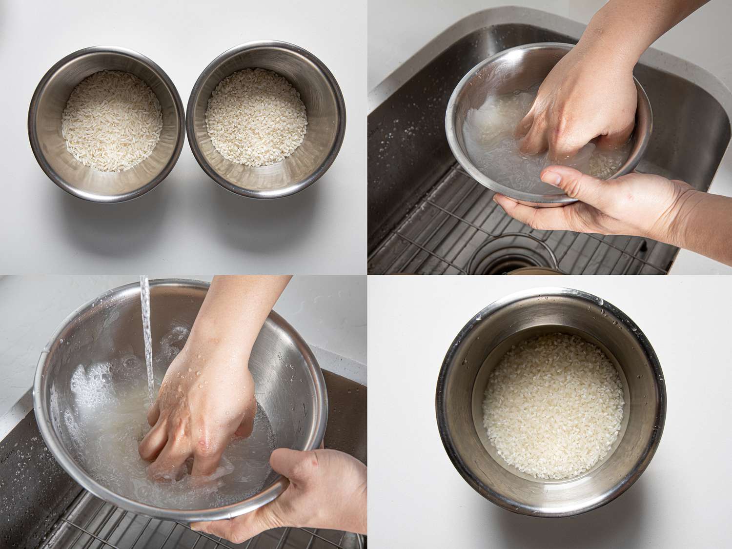 Rice being rinsed in a bowl.