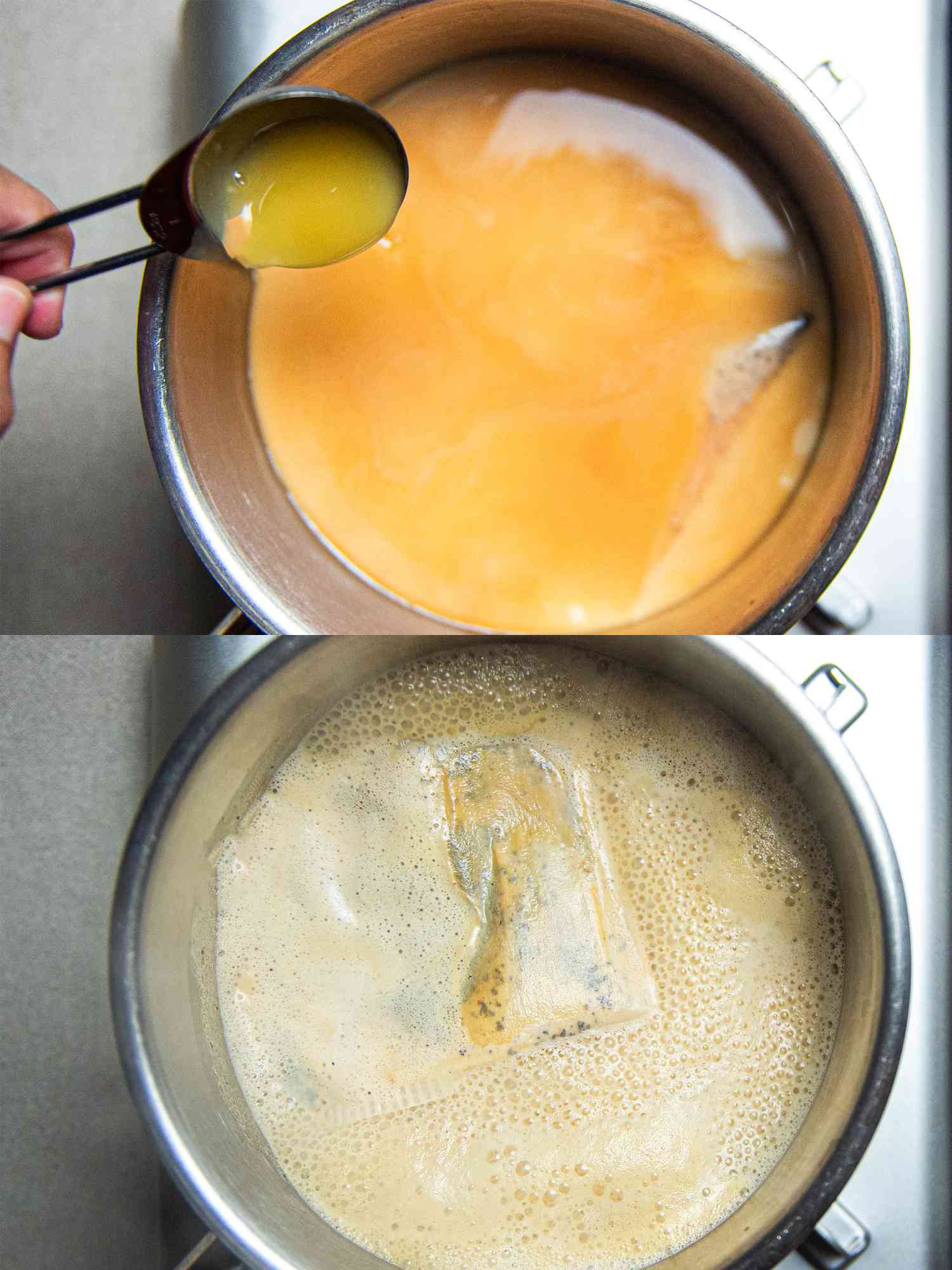 Two image collage of adding condensed milk and tea boiling over!