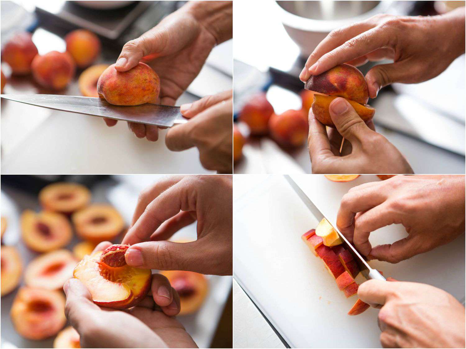 一堆樱桃，把它切成两半，把桃子切成两半。
