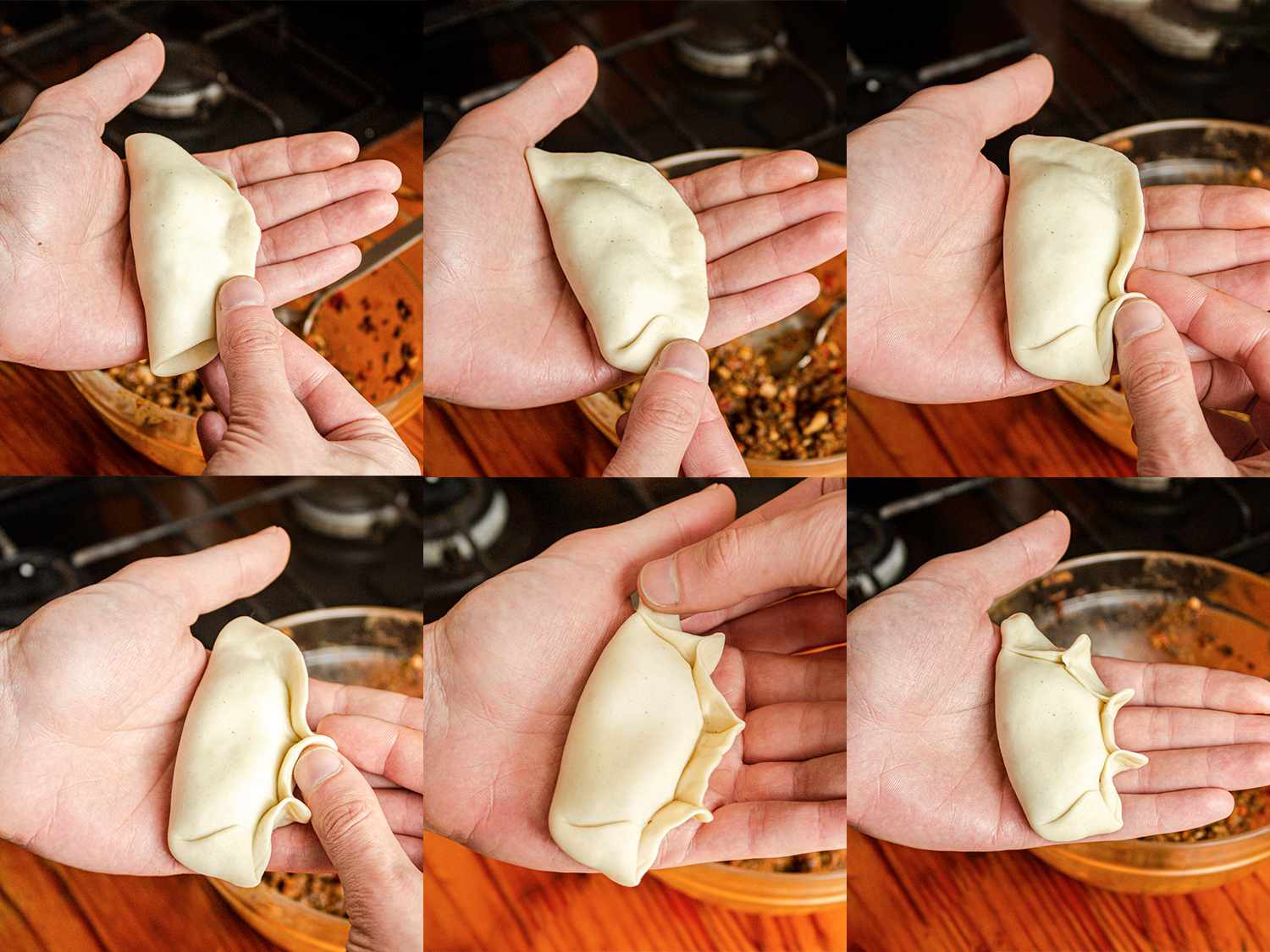 6张图片拼贴的俯视图，一双手将面团折叠在馅料上，形成传统的肉馅卷饼形状，边缘捏紧