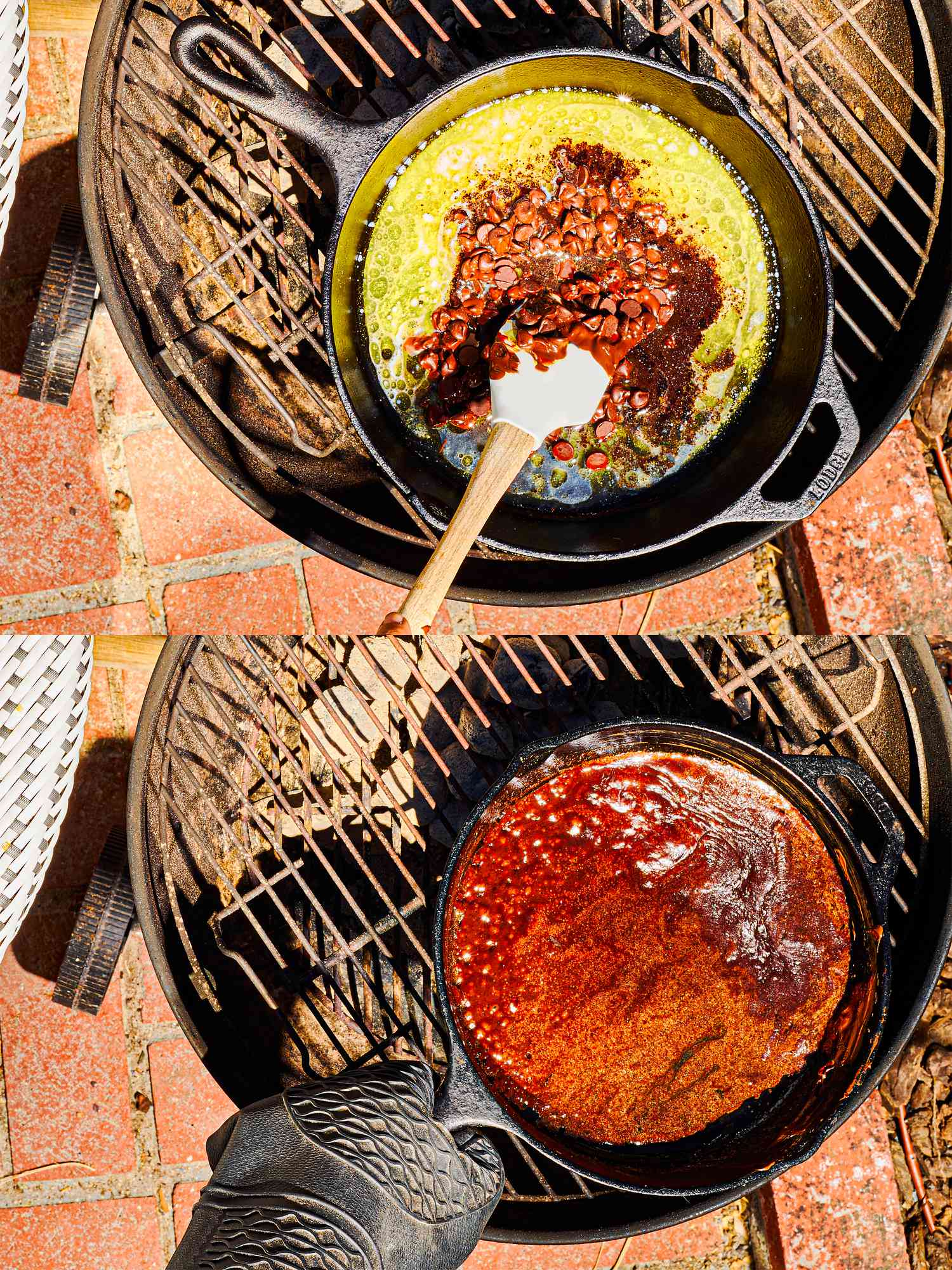 Two image collage of melting on skillet on grill