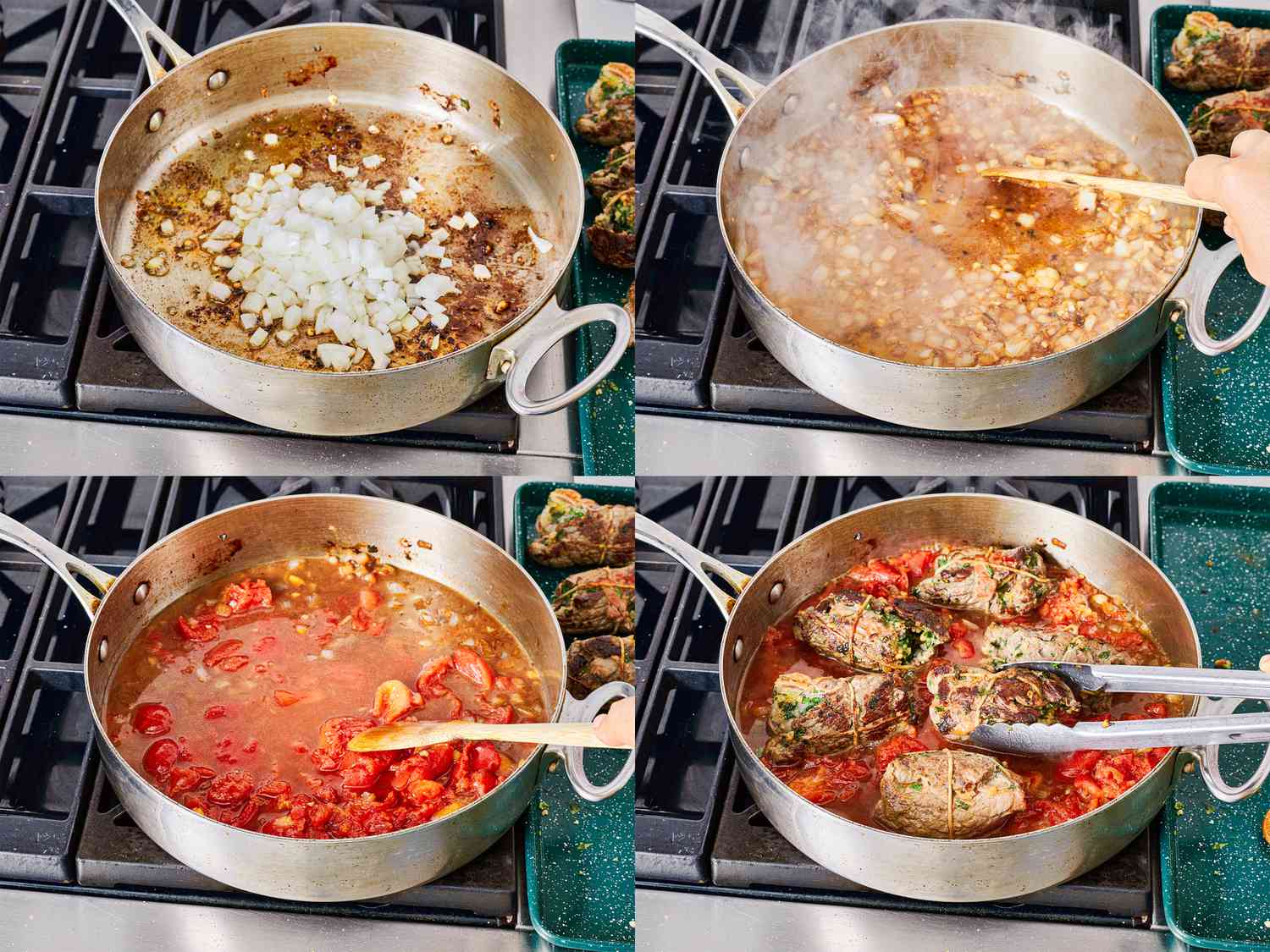 Four image collage of cooking onions, adding tomatoes, and adding beef braciole to the sauce