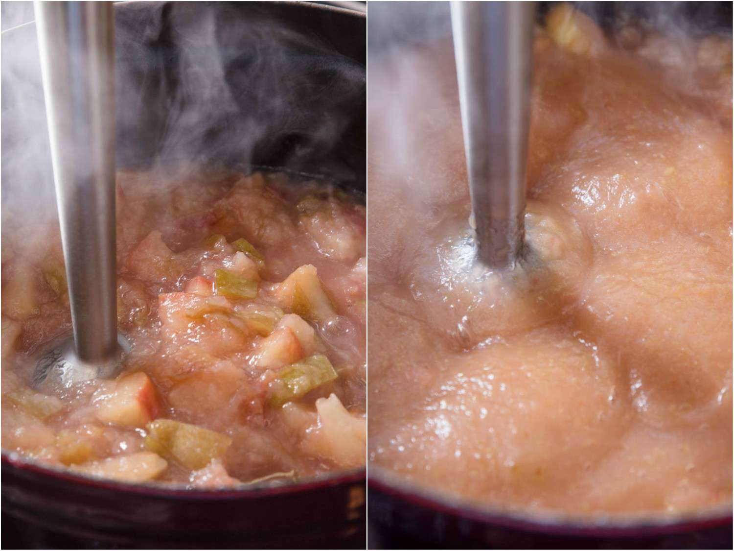 拼贴的照片使用浸入式搅拌机purée煮熟的苹果成苹果酱