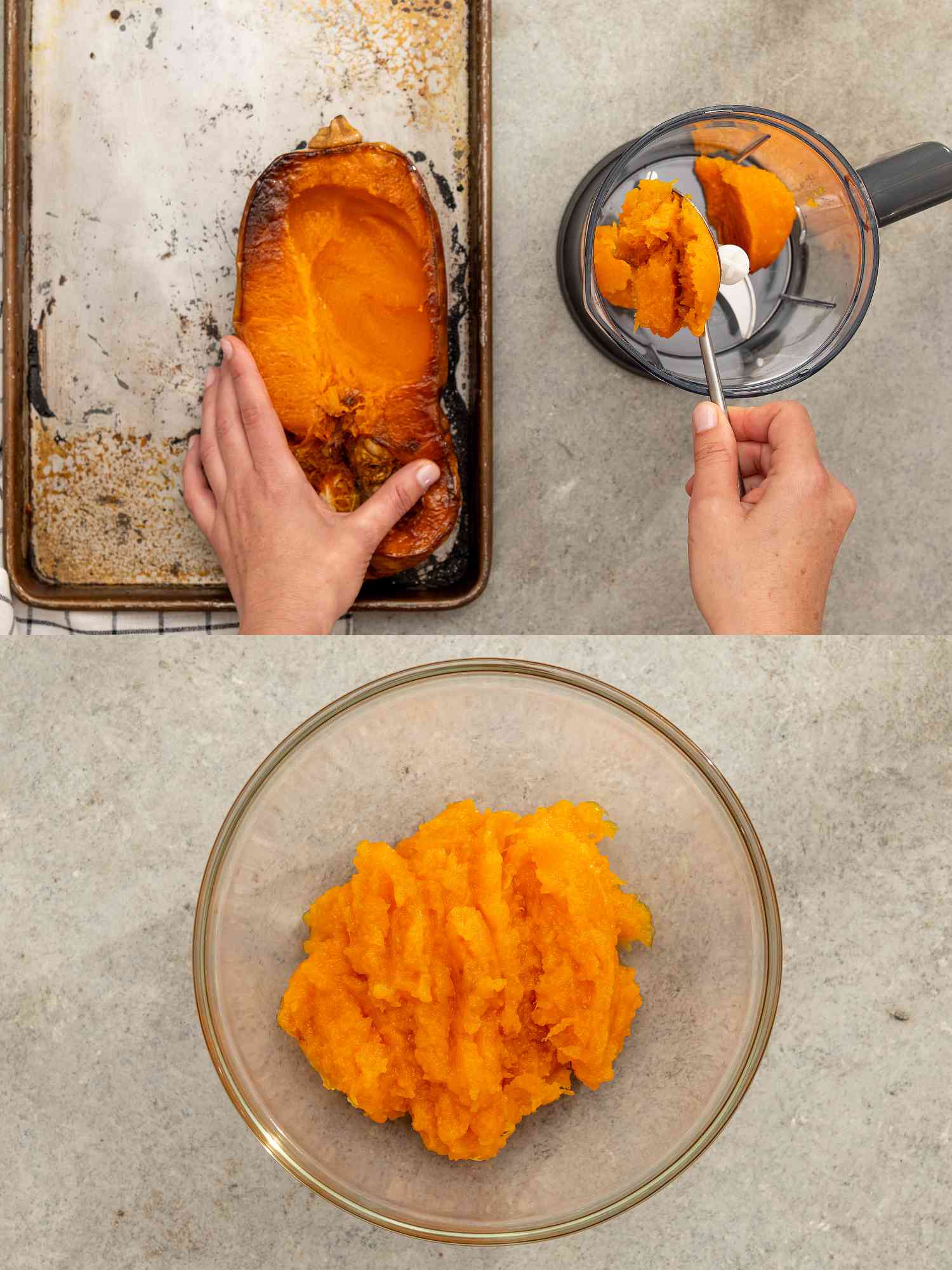 Two image collage of scooping roasted squash into a food processor and squash after it's been processed in a bowl