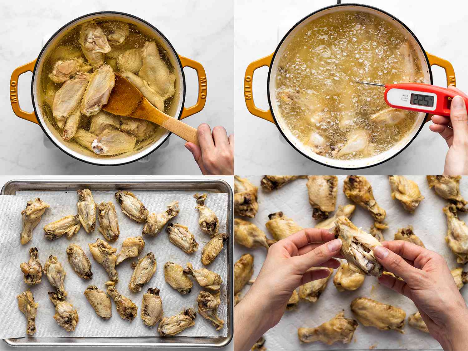 A horizontal four-image collage. The top left photo shows the chicken wings submerged in oil, with small bubbles on the periphery of the pan showing they're gently cooking. The wings are being stirred with a wooden spatula. The top right photo shows the chicken wings in a rapidly boiling dutch oven full of oil, with a handheld thermometer showing the temperature of the oil is 225 degrees Fahrenheit. The bottom left photo shows the cooked chicken wings laid out on a paper towels set inside of a sheet pan. The bottom right photo shows two hands pulling apart a chicken wing, indicating that it's been correctly cooked and is quite tender.