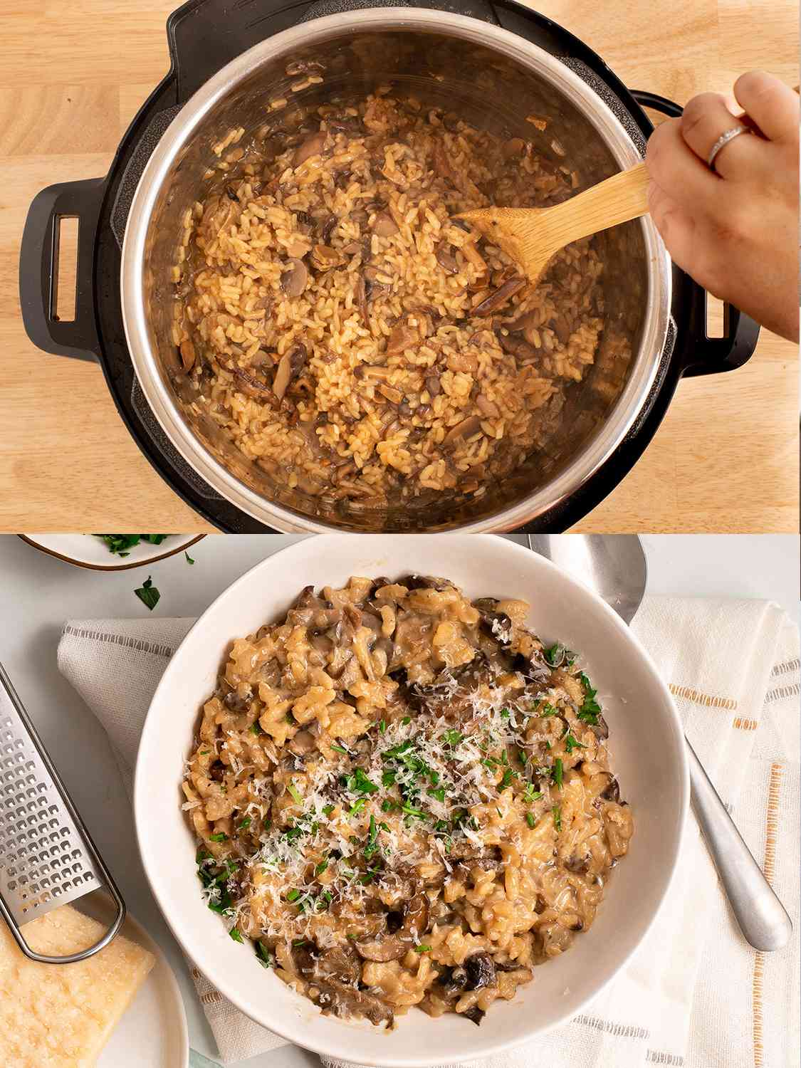 两张图片拼贴，展示了煮好的意大利烩饭在高压锅中搅拌，然后被镀上盘子并装饰。