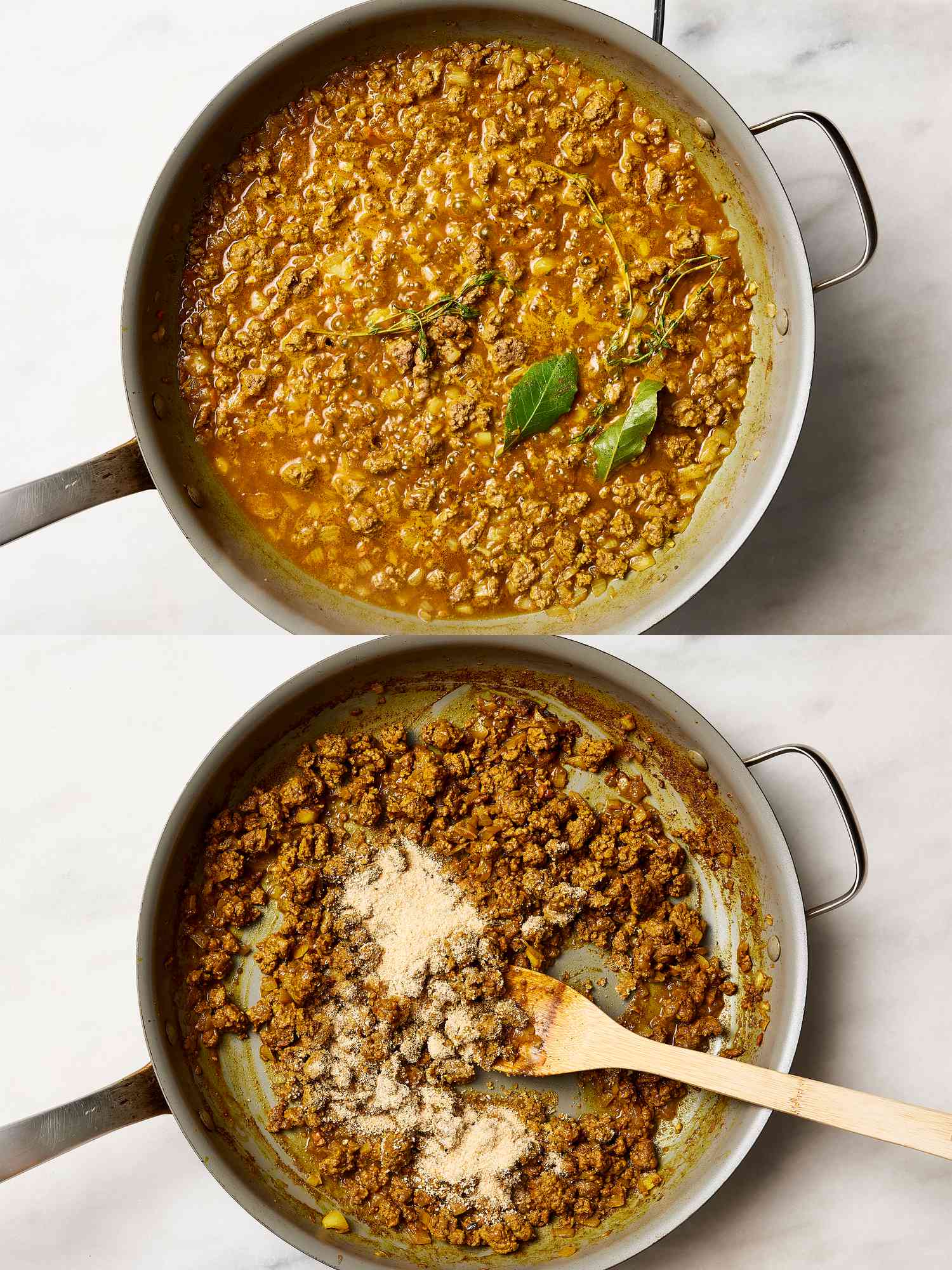 Two image collage of overhead view of beef before and after absorbing liquid in the pan