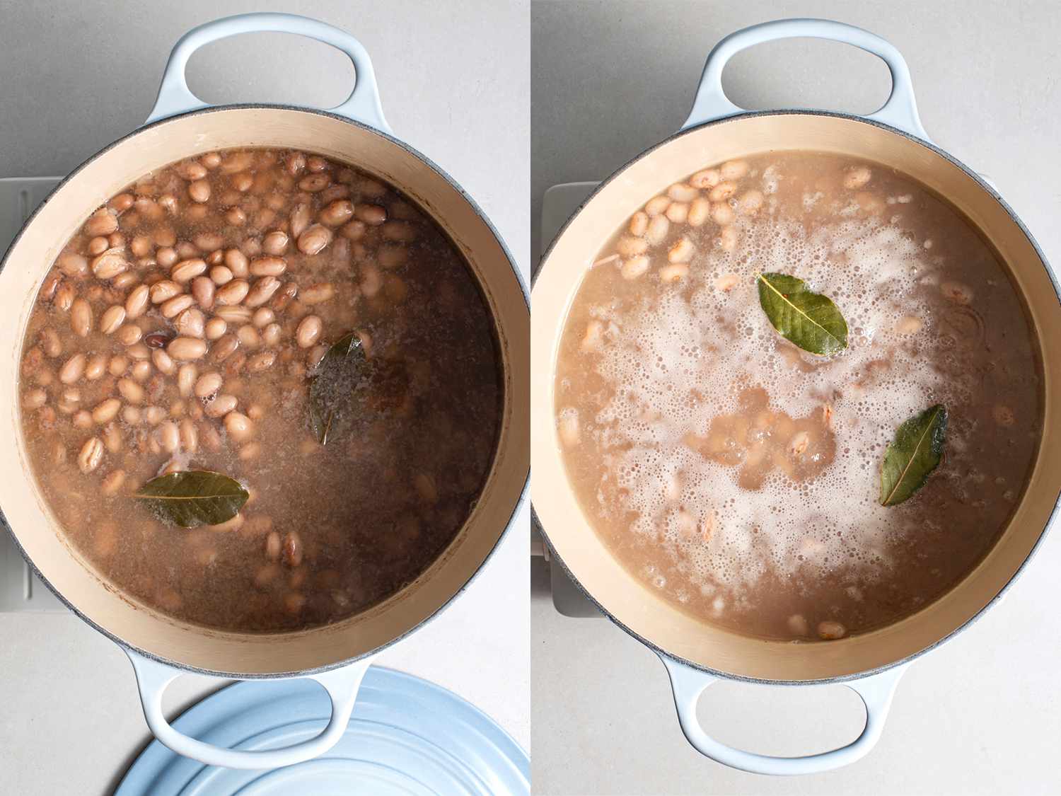 两幅图像的拼贴画。左图显示的是荷兰烤箱里的豆子，还有月桂叶和其他配料，而右图显示的是锅里现在正在炖。华体会应用下载gydF4y2Ba