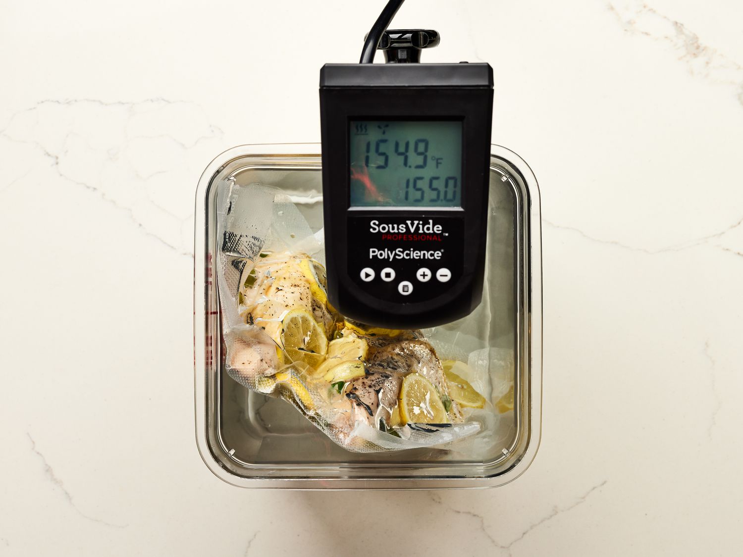 Overhead view of chicken cooked in sous vide cooker