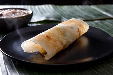 Side view of a plated rolled dosa