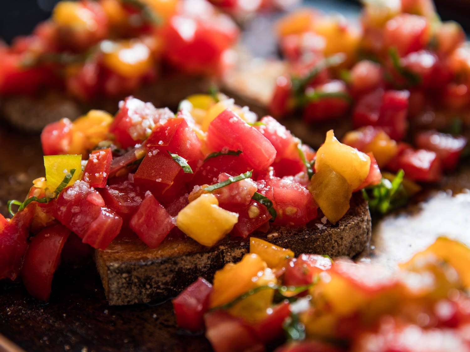 Close-up of fresh summer tomato bruschetta.