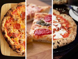 A three-panel image showing closeups of New York-style, Sicilian-style, and Neapolitan-style pizzas.