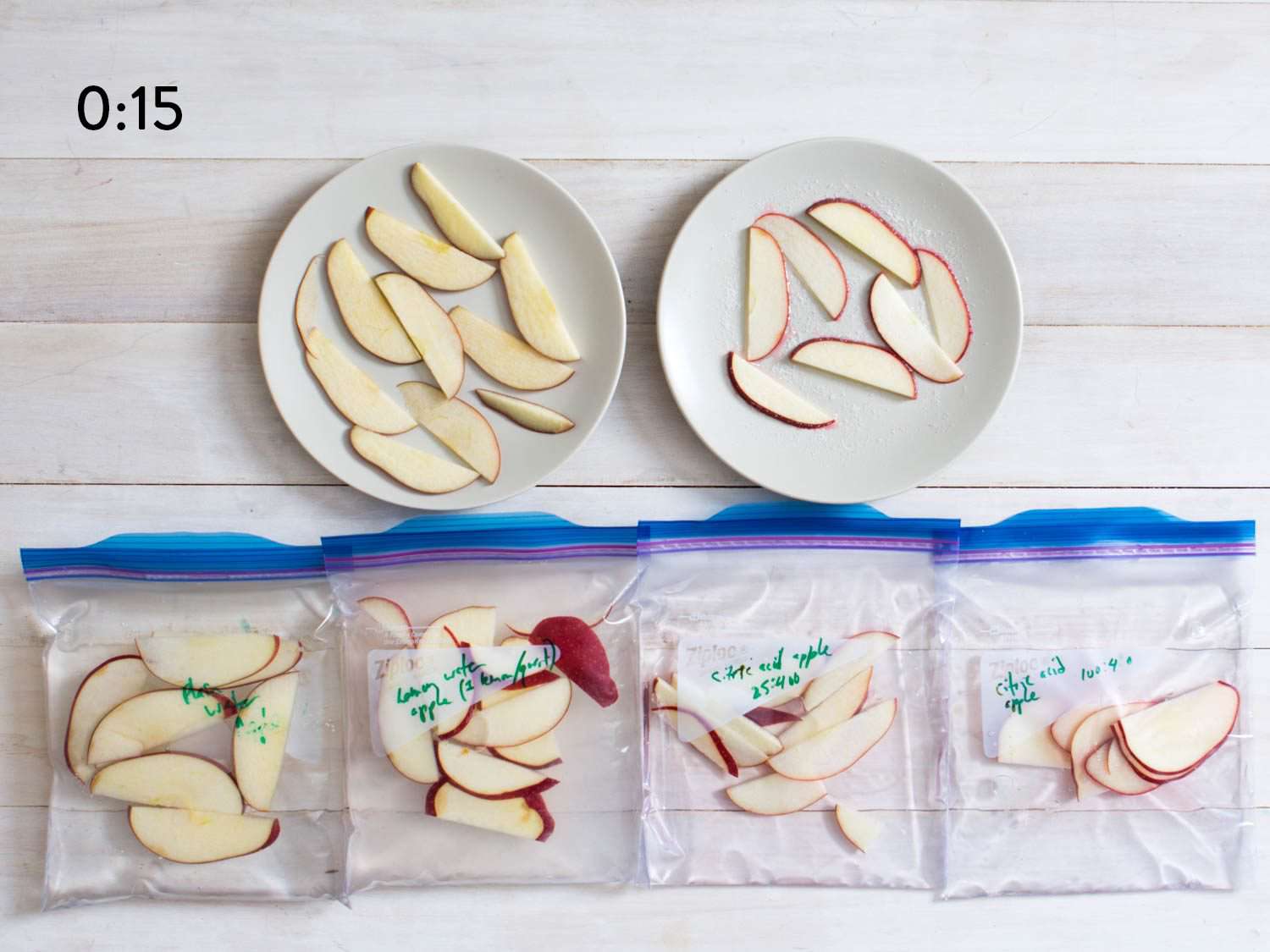 Comparison of bags of cut apples after 15 seconds.