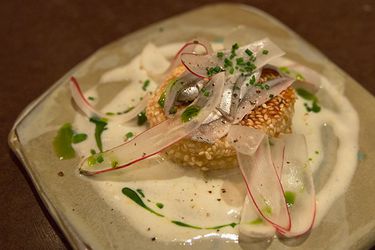 Local boquerones, yeasted-sesame pancake, creme fraiche ($8)