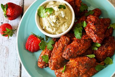 strawberry chipotle wings with blue cheese dip