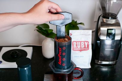 The Aeropress with Fellow Prismo Attachment mid-brew