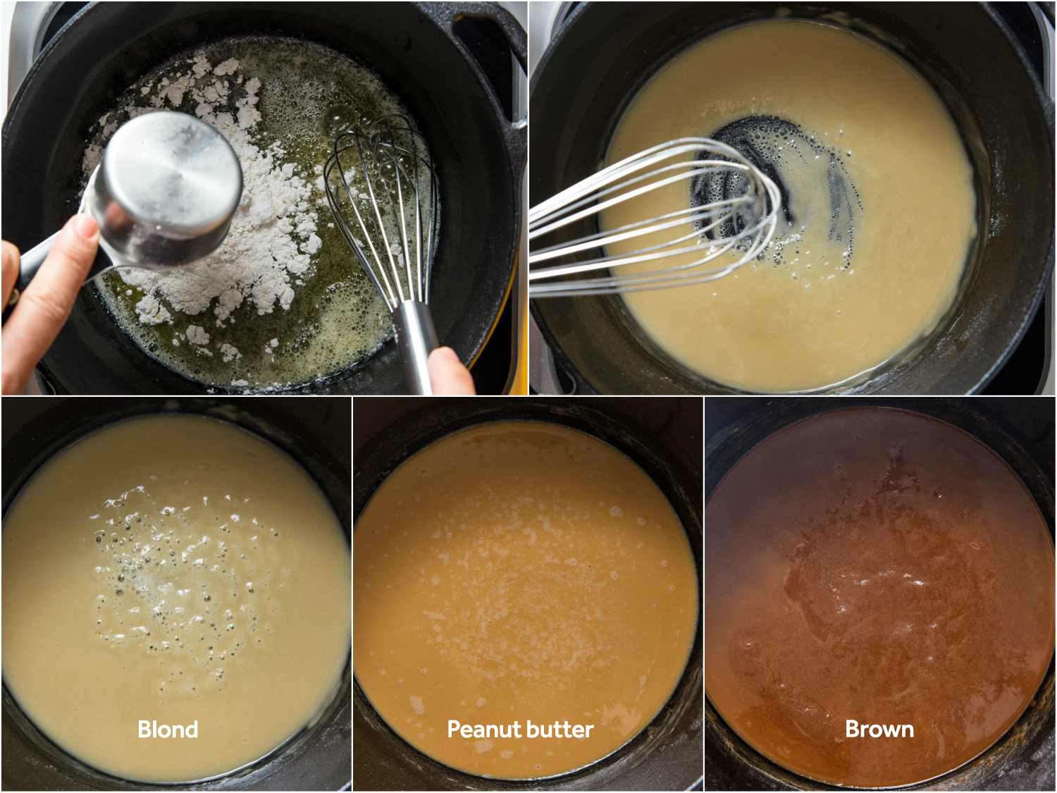 五的拼贴图片:前两个商店wing making a roux by cooking flour with butter, the bottom three showing different stages of doneness (blond, peanut butter, brown).