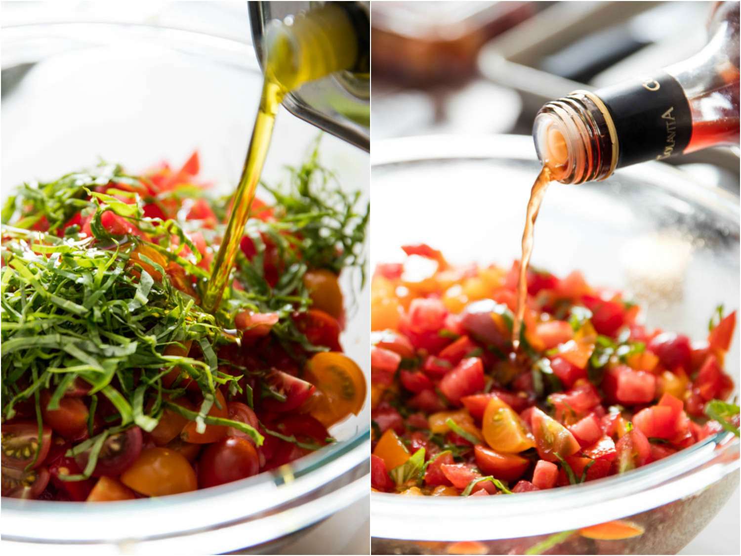 Collage showing a bowl of sliced tomatoes and shredded basil being dressed with olive oil and then vinegar.