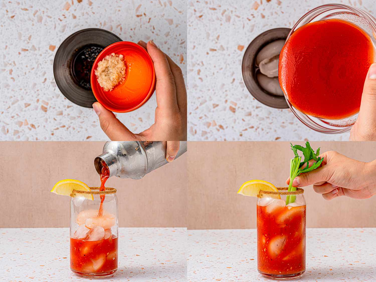 Four image collage of adding horseradish and tomato juice to s shaker, pouring shaker into a glass and garnishing with a piece of celery