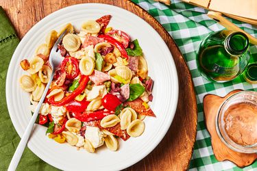 Overhead view of a Italian pasta salad