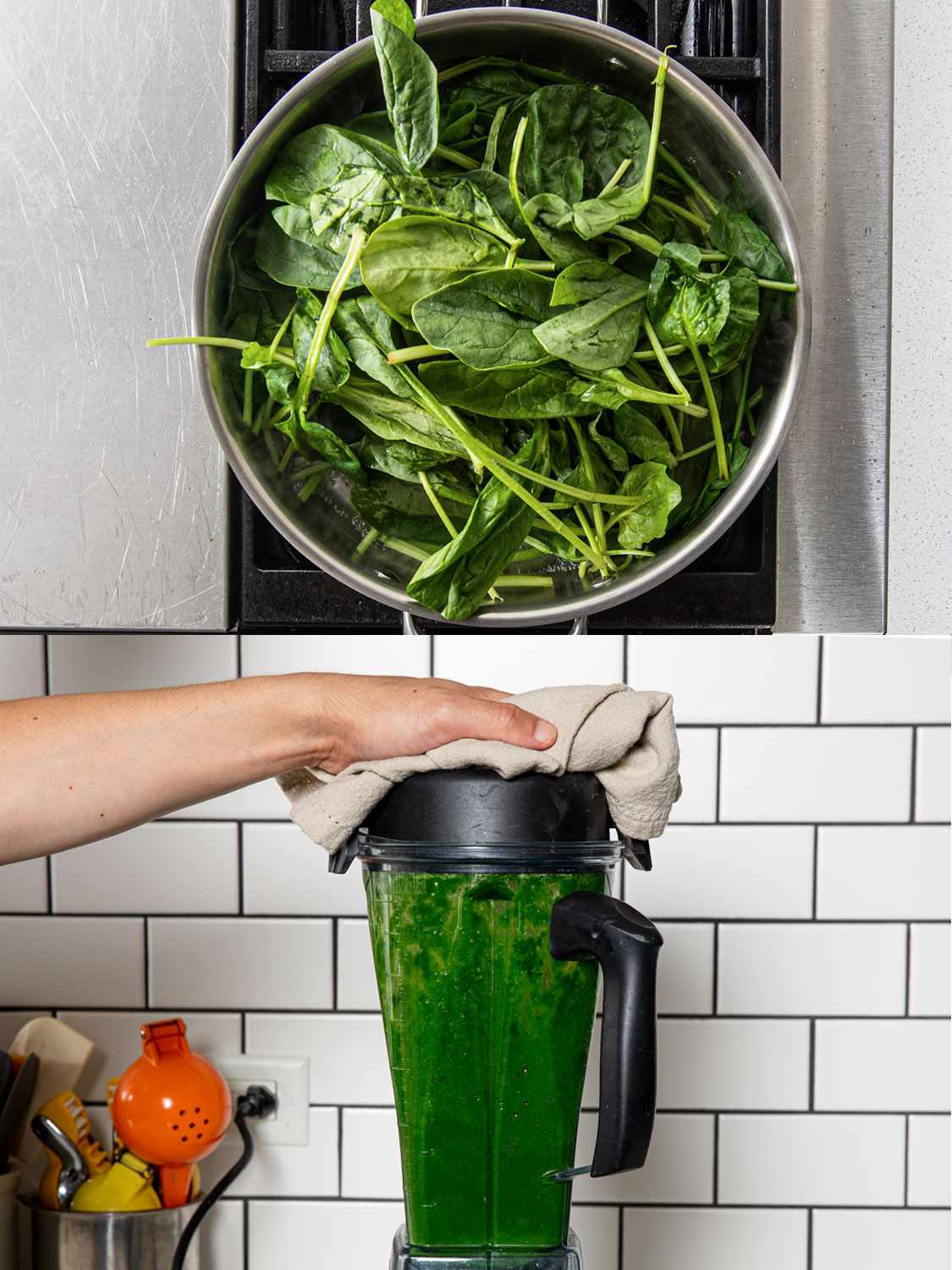 二图像拼贴。上图:锅里的生菠菜。下图:一只手按住搅拌器的盖子，搅拌器里有菠菜泥