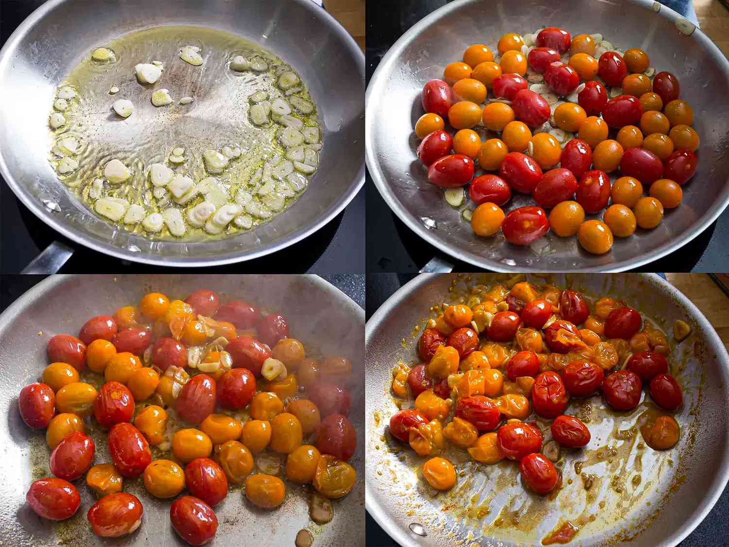 A four-image collage showing the tomato sauce being made. The top left image shows sliced garlic and hot olive oil in a stainless steep pan. The top right image shows cherry tomatoes added to the pan whole. The bottom left image shows the cherry tomatoes being tossed and starting to break open. The bottom right image shows the cherry tomatoes now fully breaking down so that a sauce is forming from the liquid being released.