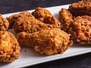 A platter of buttermilk-brined southern fried chicken.