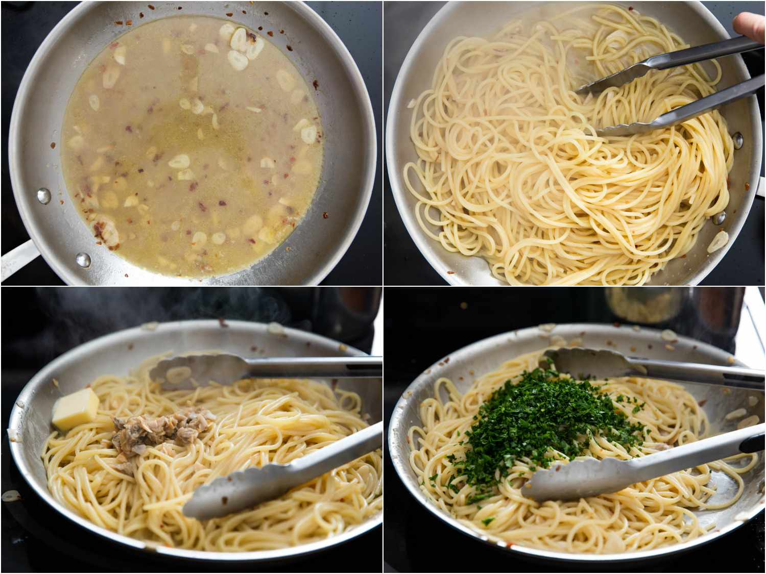 意大利面的拼贴被添加到锅充满黄油和大蒜gydF4y2Ba