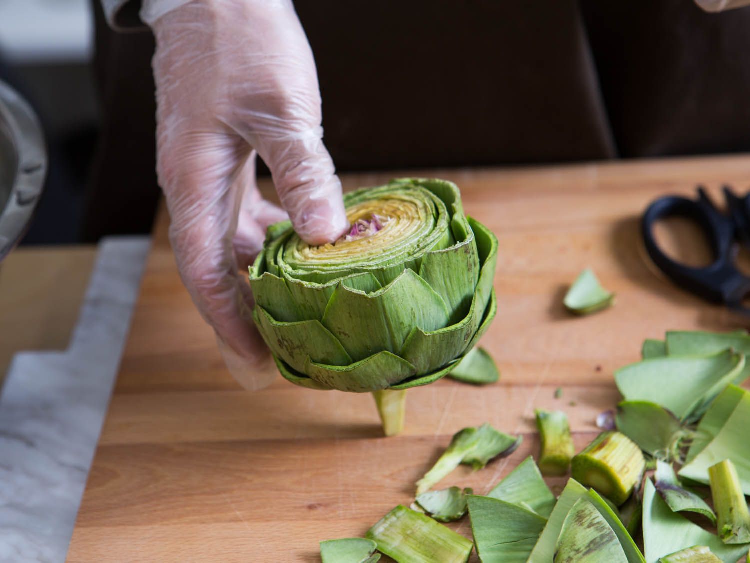 A gloved hand holding an artichoke trimmed for steaming on a wooden cutting board, balanced on a portion of trimmed stem