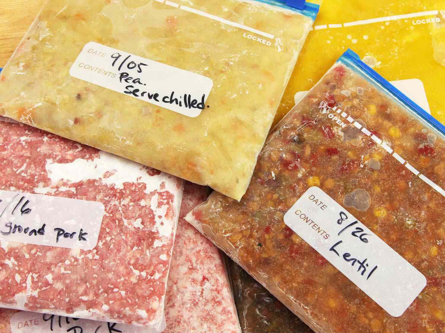 各种食物都被放在有标签的、有拉链锁的袋子里冷冻，包括碎猪肉、扁豆汤和豌豆汤