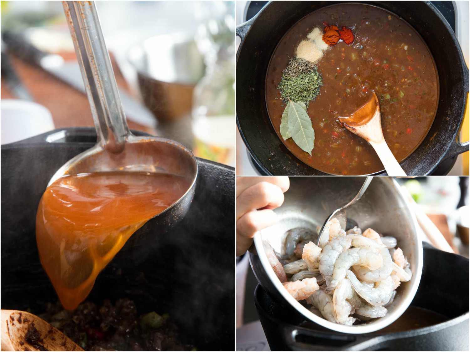 Collage of 3 images: Adding shrimp stock to the pot, adding spices and seasonings to the sauce, stirring in the shrimp.