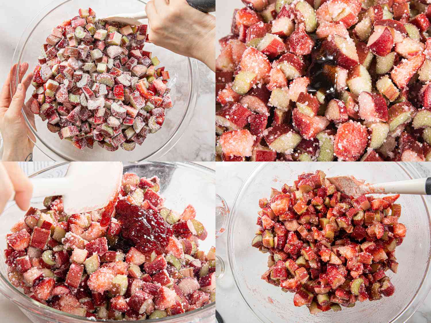 Four image collage of adding sugar, vanilla, and jam to fruit mixture